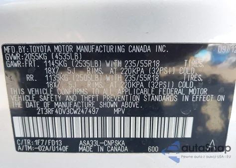 2012 Toyota Rav4 Sport из США, поврежденный, VIN 2T3RF4DV3CW247497